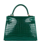 Hermes Special Order (HSS) Kelly Sellier 28 Emerald Shiny Niloticus Crocodile Gold Hardware