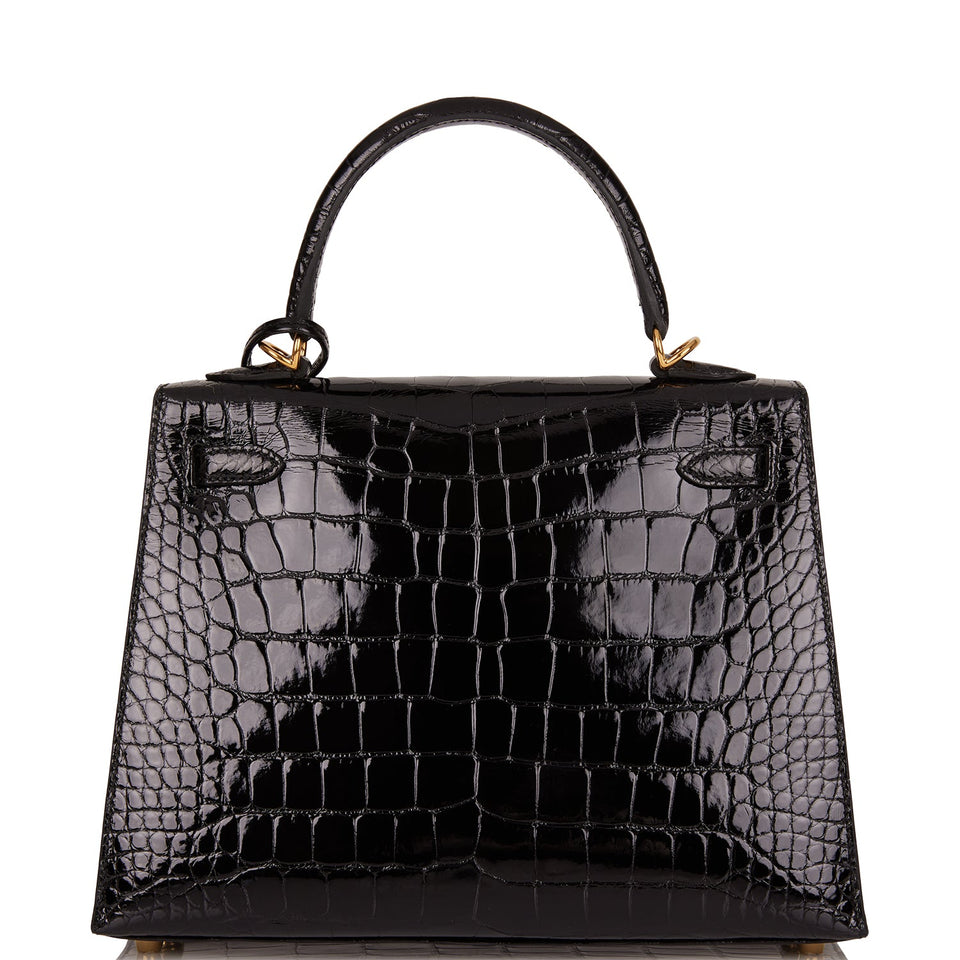 Hermes Kelly Sellier 25 Black Shiny Alligator Gold Hardware