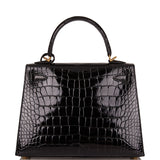 Hermes Kelly Sellier 25 Black Shiny Alligator Gold Hardware
