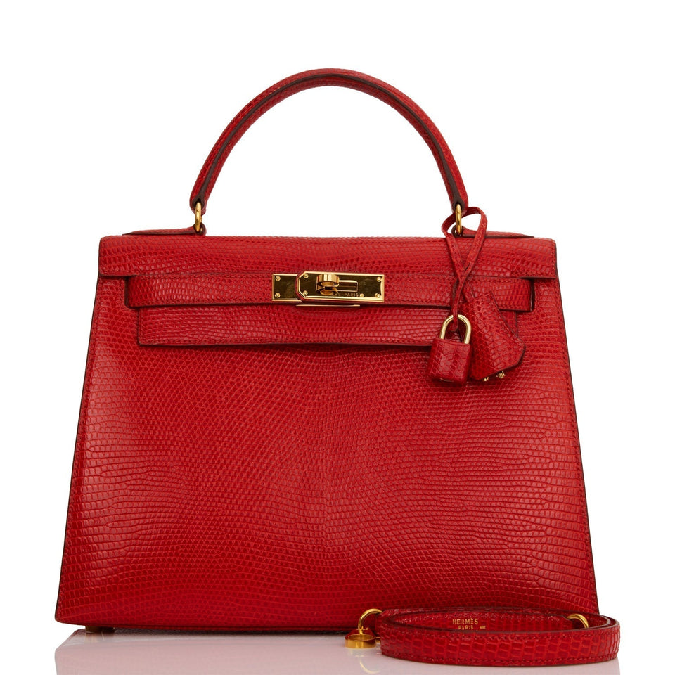 Hermes Kelly Sellier 28 Rouge Vif Lizard Niloticus Gold Hardware