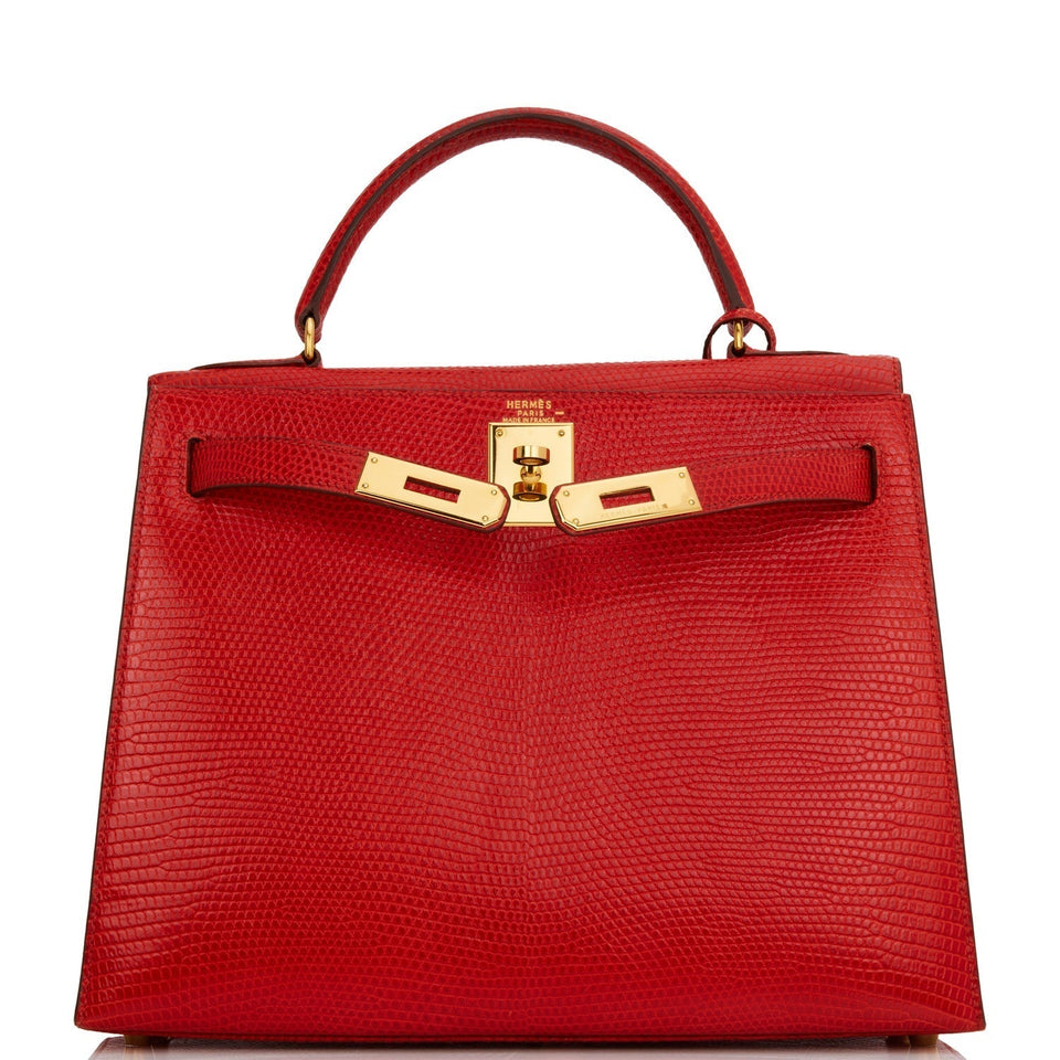 Hermes Kelly Sellier 28 Rouge Vif Lizard Niloticus Gold Hardware