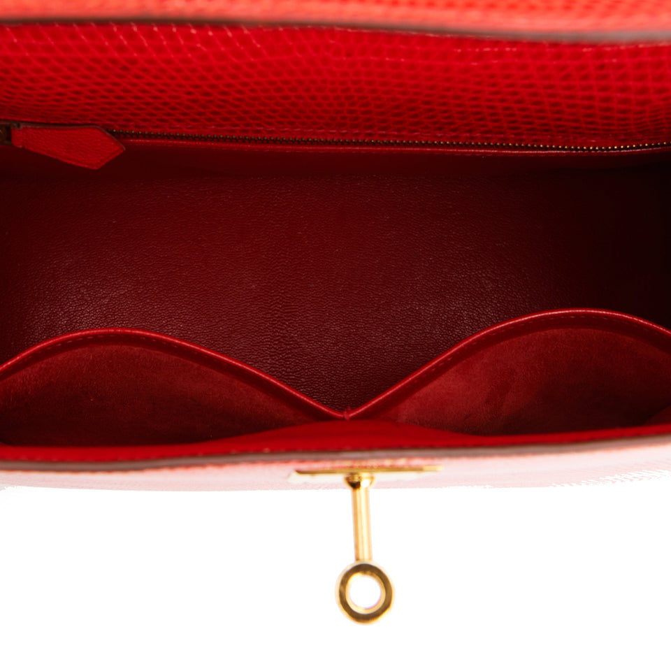 Hermes Kelly Sellier 28 Rouge Vif Lizard Niloticus Gold Hardware