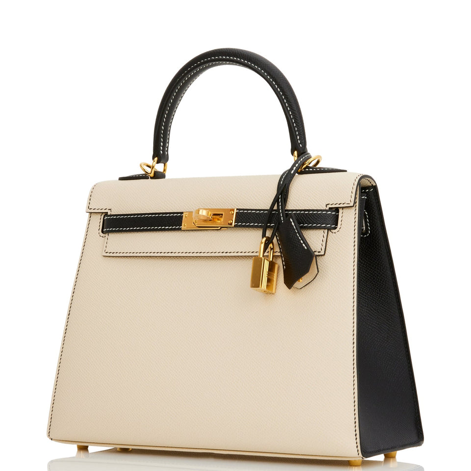 Hermes Special Order (HSS) Kelly Sellier 25 Nata and Black Epsom Gold Hardware