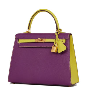 Hermes Special Order (HSS) Kelly Sellier 25 Anemone and Lime Chevre Brushed Gold Hardware