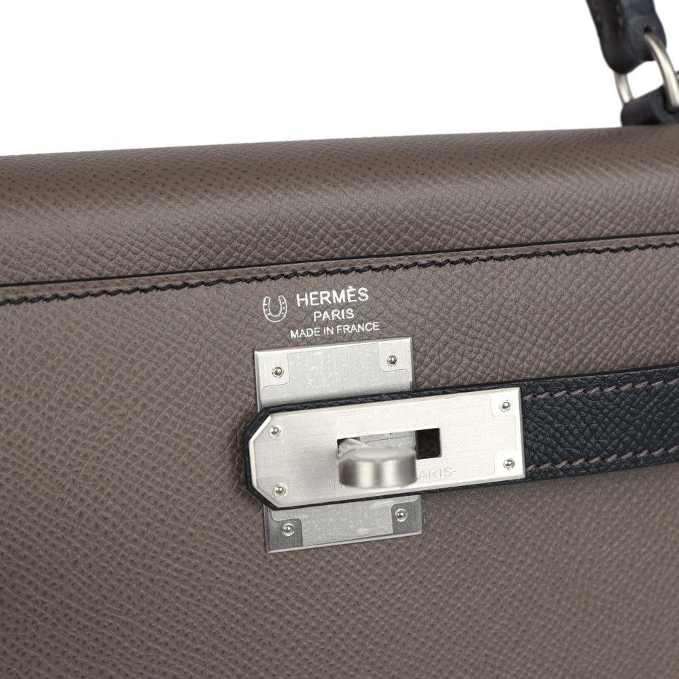 Hermes Special Order (HSS) Kelly Sellier 28 Etain and Black Epsom Brushed Palladium Hardware