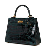 Hermes Kelly Sellier 25 Vert Rousseau Shiny Alligator Gold Hardware
