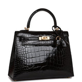 Hermes Kelly Sellier 25 Black Shiny Alligator Gold Hardware