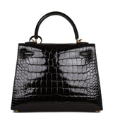 Hermes Kelly Sellier 25 Black Shiny Alligator Gold Hardware