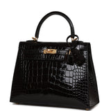 Hermes Kelly Sellier 25 Black Shiny Alligator Gold Hardware