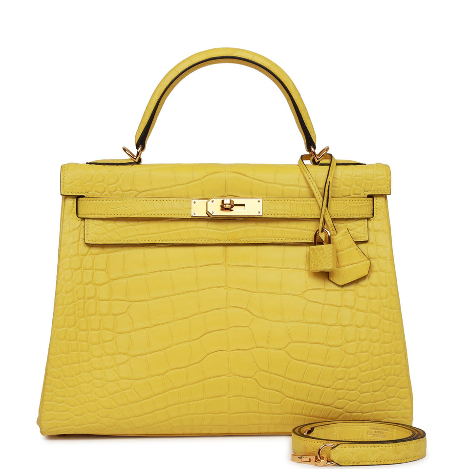 Hermes Special Order (HSS) Kelly Retourne 32 Mimosa Matte Alligator Gold Hardware