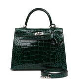 Hermes Kelly Sellier 25 Vert Fonce Shiny Alligator Palladium Hardware