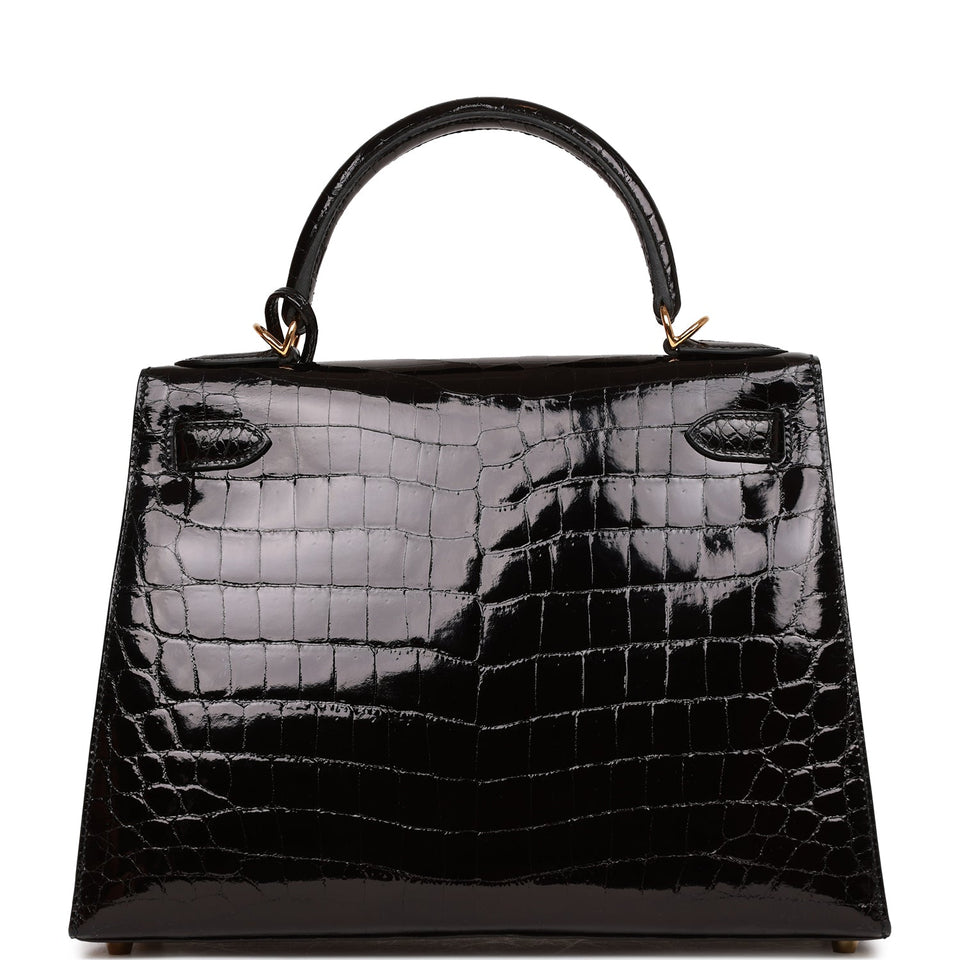 Hermes Kelly Sellier 28 Black Shiny Niloticus Crocodile Gold Hardware