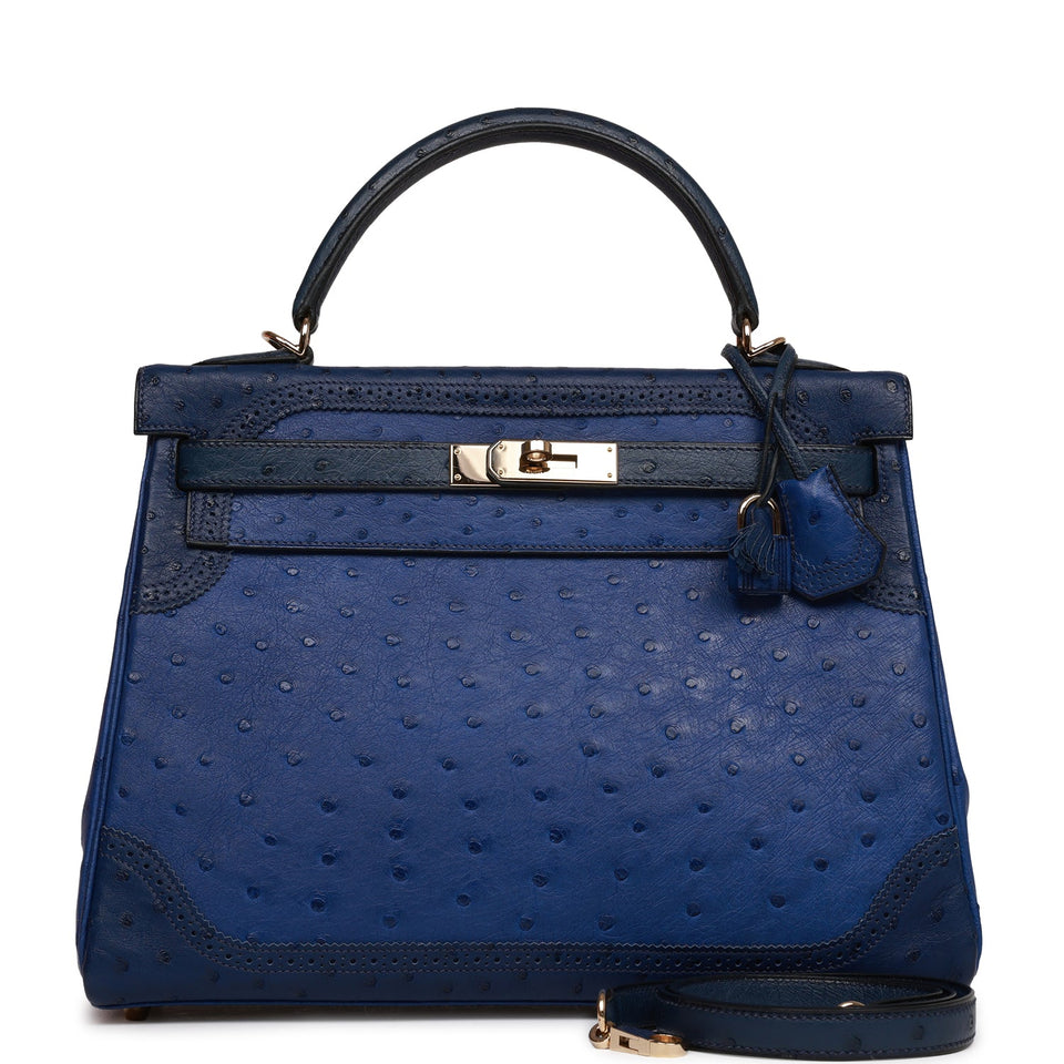 Hermes Ghillies Kelly Retourne 32 Bleu Saphir, Bleu Iris and Bleu de Malte Ostrich Permabrass Hardware