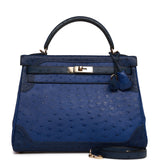 Hermes Ghillies Kelly Retourne 32 Bleu Saphir, Bleu Iris and Bleu de Malte Ostrich Permabrass Hardware
