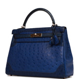 Hermes Ghillies Kelly Retourne 32 Bleu Saphir, Bleu Iris and Bleu de Malte Ostrich Permabrass Hardware
