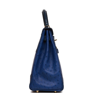 Hermes Ghillies Kelly Retourne 32 Bleu Saphir, Bleu Iris and Bleu de Malte Ostrich Permabrass Hardware