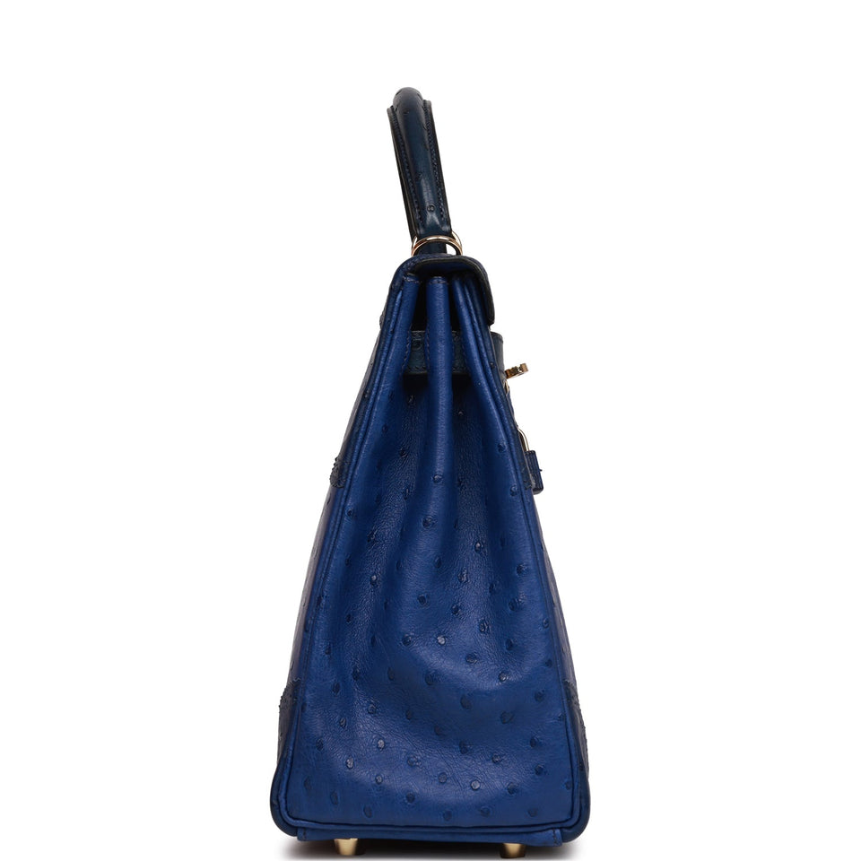 Hermes Ghillies Kelly Retourne 32 Bleu Saphir, Bleu Iris and Bleu de Malte Ostrich Permabrass Hardware