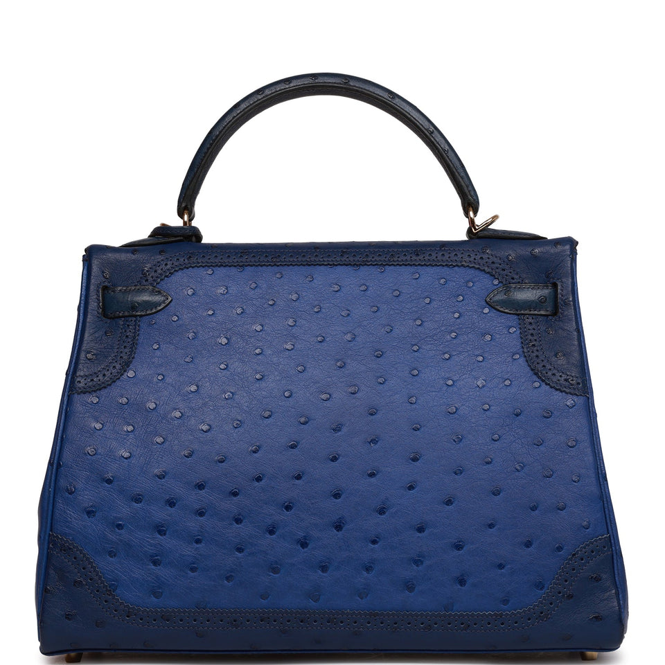 Hermes Ghillies Kelly Retourne 32 Bleu Saphir, Bleu Iris and Bleu de Malte Ostrich Permabrass Hardware