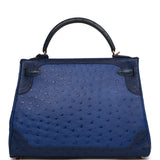 Hermes Ghillies Kelly Retourne 32 Bleu Saphir, Bleu Iris and Bleu de Malte Ostrich Permabrass Hardware