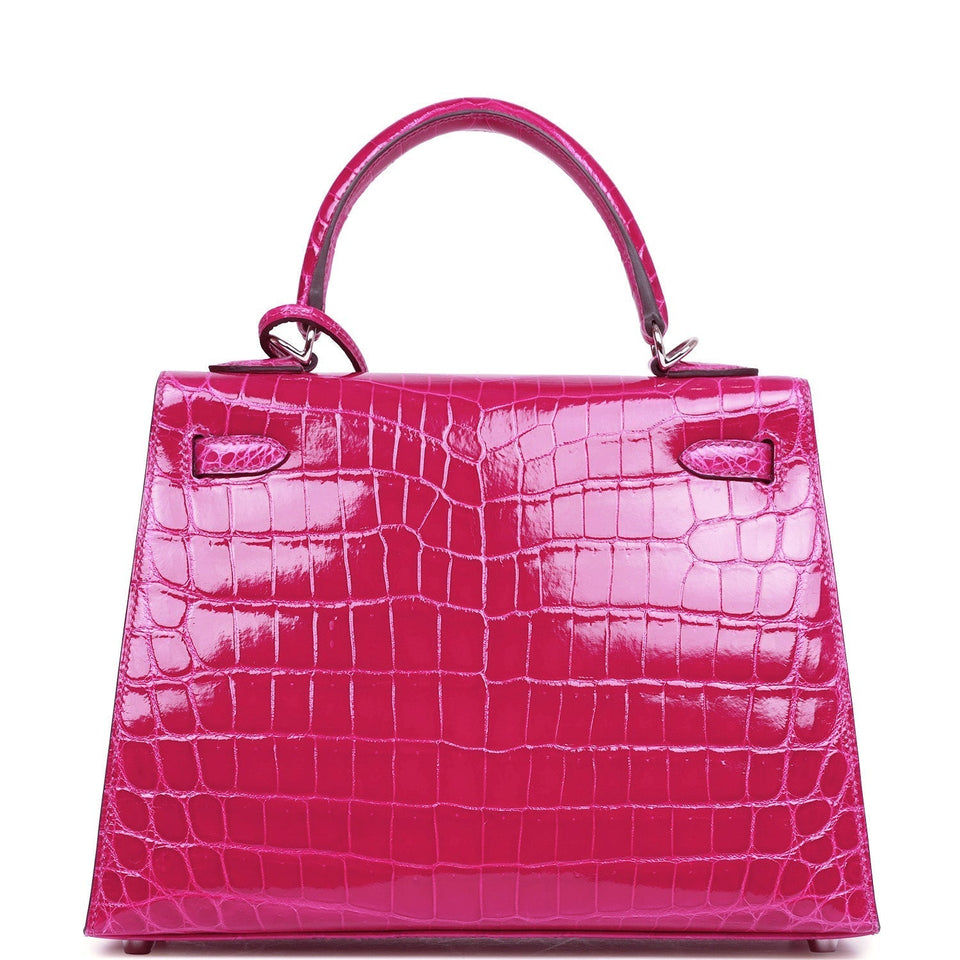 Hermes Kelly Sellier 25 Rose Pourpre Shiny Niloticus Crocodile Palladium Hardware