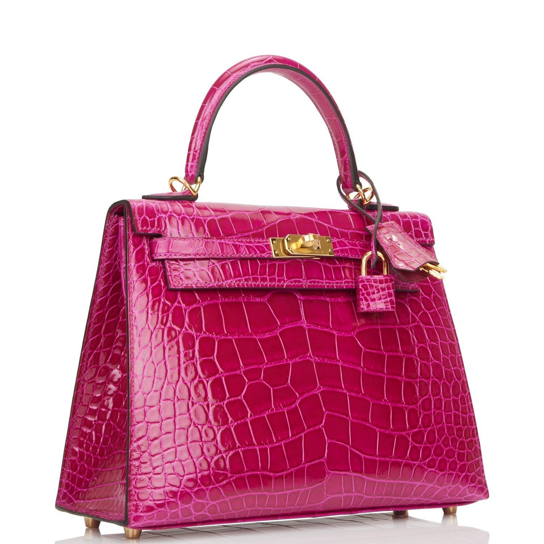 Hermes Kelly Sellier 25 Rose Pourpre Shiny Alligator Gold Hardware