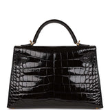 Hermes Kelly Sellier 20 Black Shiny Alligator Gold Hardware