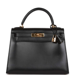 Vintage Hermes Kelly Sellier 28 Black Box Gold Hardware