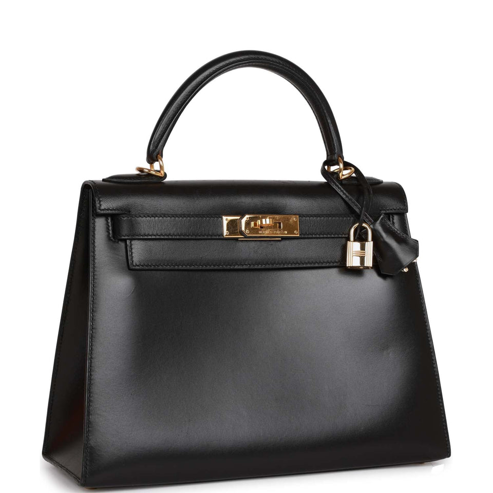 Vintage Hermes Kelly Sellier 28 Black Box Gold Hardware