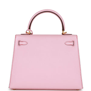 Hermes Special Order (HSS) Kelly Sellier 25 Rose Sakura Chevre Brushed Gold Hardware