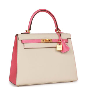 Hermes Special Order (HSS) Kelly Sellier 25 Craie and Rose Lipstick Epsom Brushed Gold Hardware