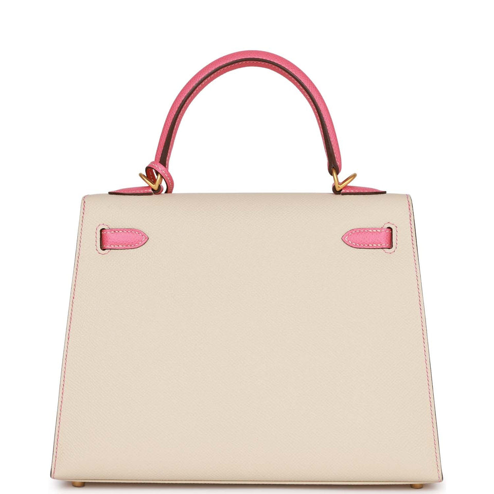 Hermes Special Order (HSS) Kelly Sellier 25 Craie and Rose Lipstick Epsom Brushed Gold Hardware