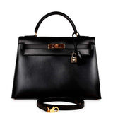 Vintage Hermes Kelly Sellier 32 Black Box Gold Hardware