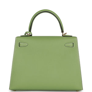 Hermes Special Order (HSS) Kelly Sellier 25 Vert Criquet Epsom Permabrass Hardware