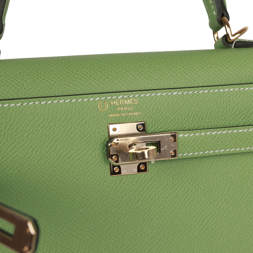 Hermes Special Order (HSS) Kelly Sellier 25 Vert Criquet Epsom Permabrass Hardware