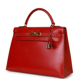 Vintage Hermes Kelly Sellier 32 Rouge Vif Box Gold Hardware