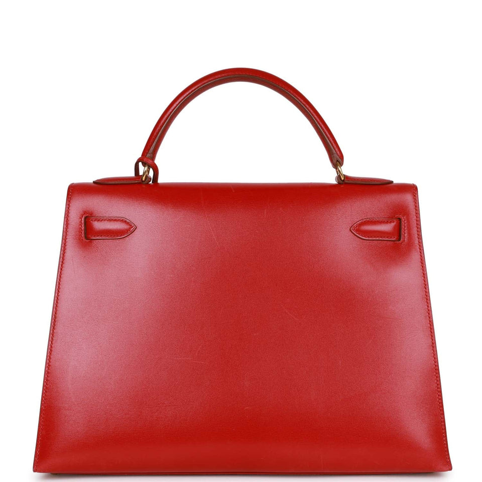 Vintage Hermes Kelly Sellier 32 Rouge Vif Box Gold Hardware