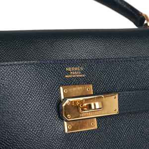 Vintage Hermes Kelly Retourne 32 Bleu Marine Courchevel Gold Hardware