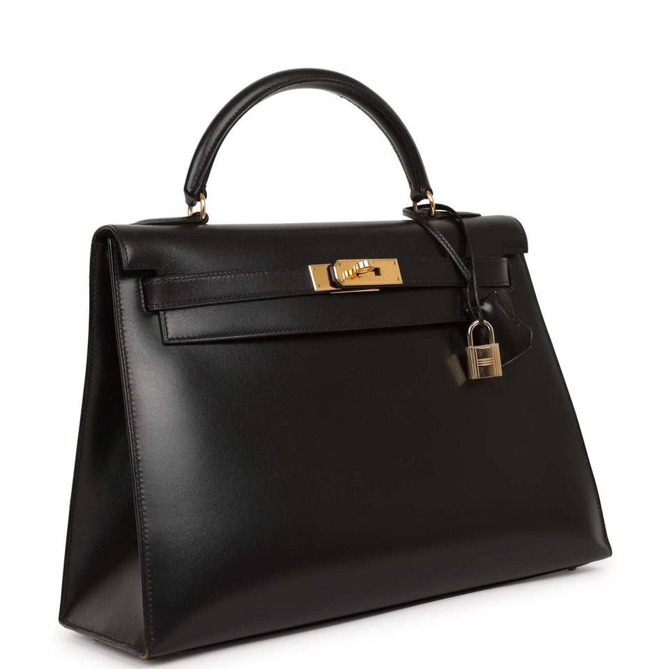 Vintage Hermes Kelly Sellier 32 Black Box Gold Hardware