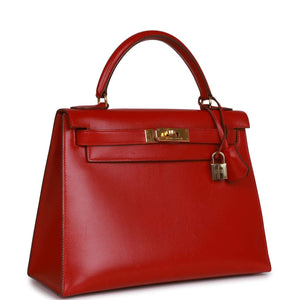 Vintage Hermes Kelly Sellier 28 Rouge Vif Box Gold Hardware