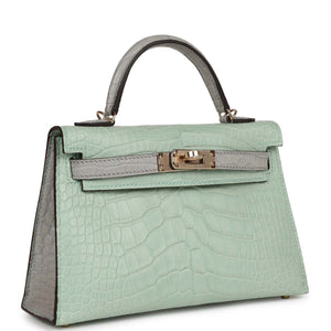 Hermes Special Order (HSS) Kelly Sellier 20 Vert D'Eau and Gris Perle Matte Alligator Permabrass Hardware