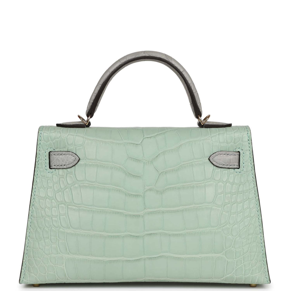 Hermes Special Order (HSS) Kelly Sellier 20 Vert D'Eau and Gris Perle Matte Alligator Permabrass Hardware