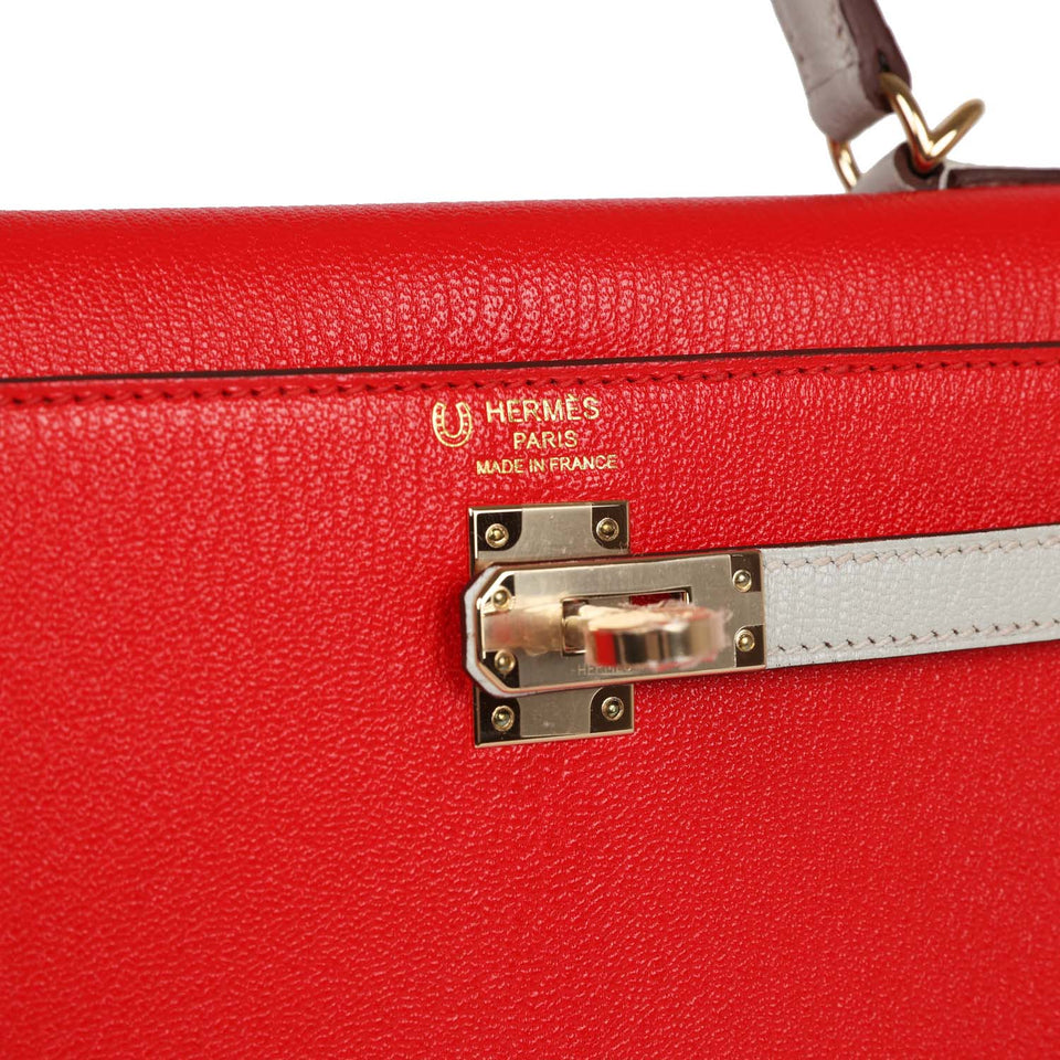 Hermes Special Order (HSS) Kelly Sellier 25 Rouge De Coeur and Gris Perle Chevre Mysore Permabrass Hardware