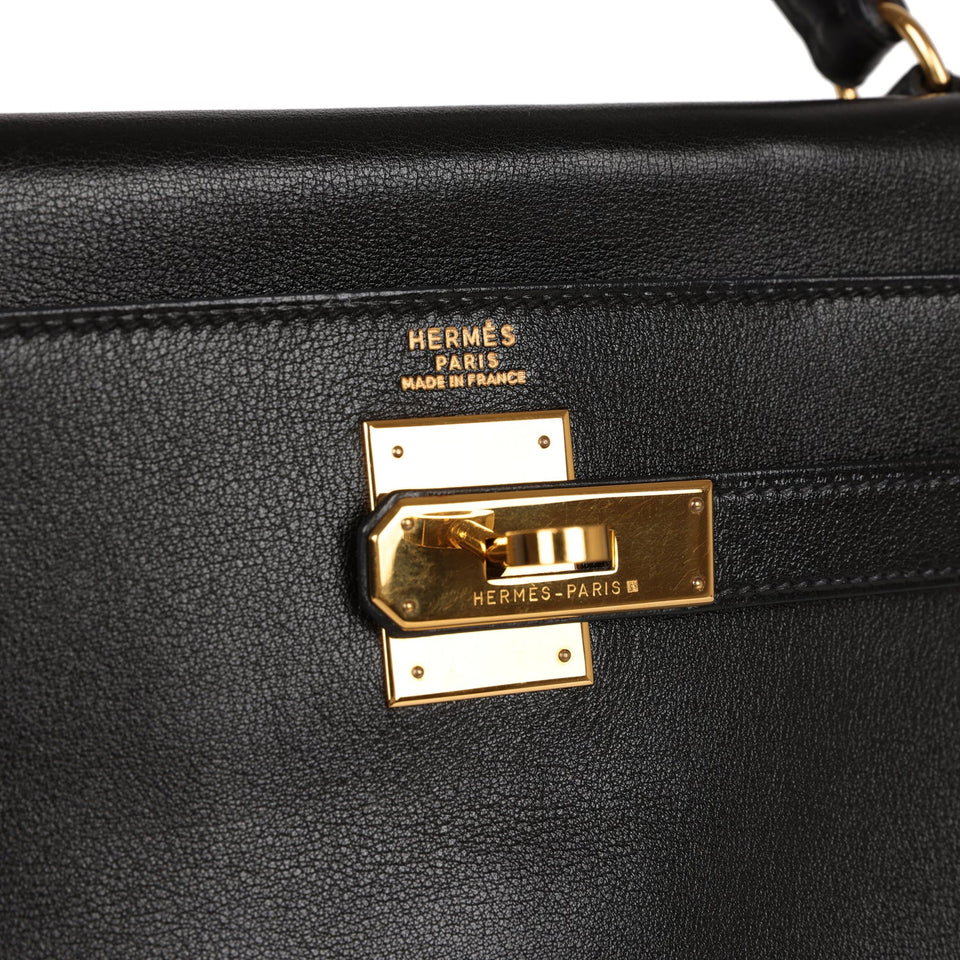 Vintage Hermes Kelly Retourne 32 Black Gulliver Gold Hardware