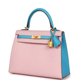 Hermes Special Order (HSS) Kelly Sellier 25 Rose Sakura and Bleu Aztec Chevre Brushed Gold Hardware