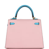 Hermes Special Order (HSS) Kelly Sellier 25 Rose Sakura and Bleu Aztec Chevre Brushed Gold Hardware