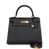Hermes Kelly Sellier 28 Black Epsom Gold Hardware