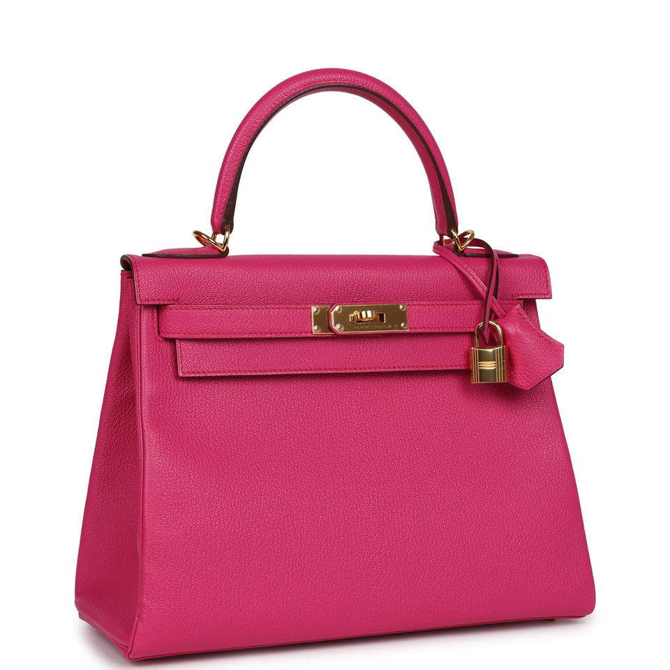 Hermes Kelly Retourne 28 Rose Shocking Chevre Gold Hardware