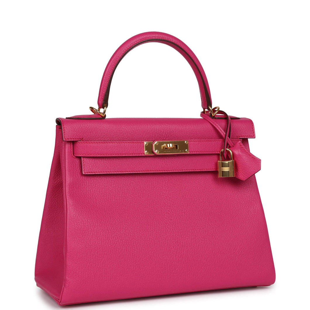 Hermes Kelly Retourne 28 Rose Shocking Chevre Gold Hardware