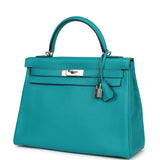 Hermes Kelly Retourne 32 Bleu Paon Clemence Palladium Hardware