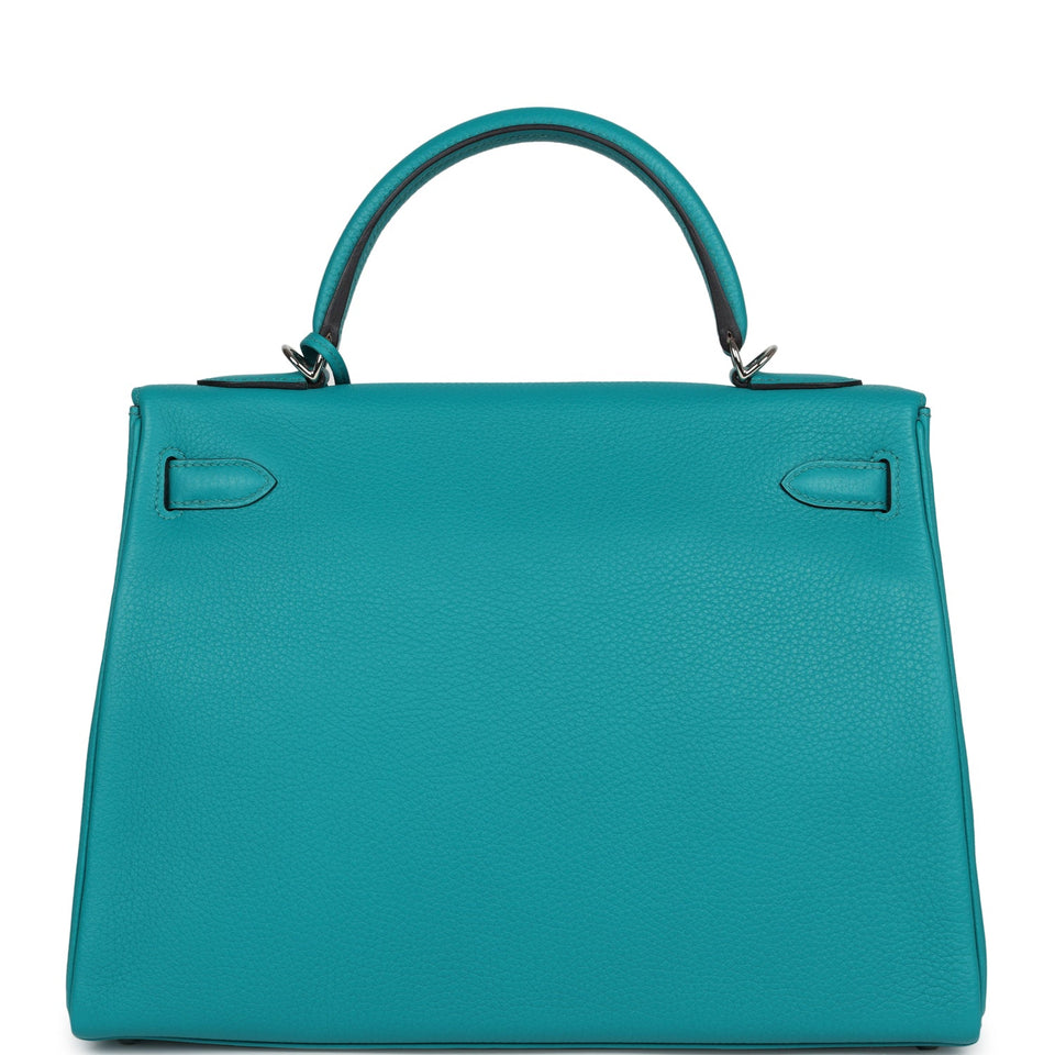 Hermes Kelly Retourne 32 Bleu Paon Clemence Palladium Hardware